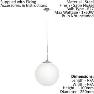 Pendant Ceiling Light Colour Satin Nickel Shade White Glass Opal Matt E27 1x60W