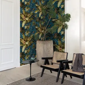 Grandeco Lush Leaves Vintage Canpoy Textured Wallpaper, Deep Teal