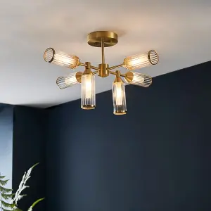 Brass Semi Flush 6 Bulb Ceiling Light - Ribbed Glass Shades & Frosted Diffusers