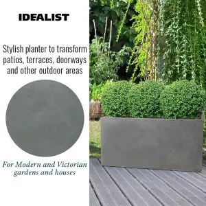 Set of 2 IDEALIST™ 65cm Long Trough Rectangular Garden Planters, Grey Reinforced Stone Outdoor Large Plant Pots L65 W19 H30 cm