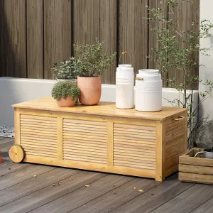 Costway Outdoor Storage Box 180L Acacia Wooden Patio Storage Deck Box W/ Wheels