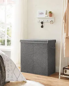 SONGMICS Laundry Basket, 2 Compartments, with Divider for Clothes, Magnetic Lid, Handles and Removable Bag, Foldable, Dark Grey