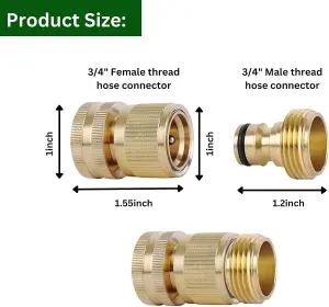 Brass Hose Connector Set - 3/4 Inch Female Thread Tap and Male Quick Connectors + PTFE Tape Universal Outdoor Tap Adapter