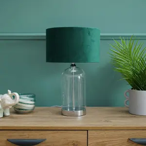 ValueLights Jessy Glass and Silver Chrome Metal Bedside Table Lamp with a Forest Green Velvet Lampshade - Bulb Included