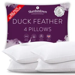 Slumberdown Duck Feather Pillows 4 Pack Hotel Quality Medium Firm Bed Pillow 100% Luxury Cotton Cover Natural Pillows 48x74cm