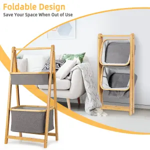 Costway 2-tier Bamboo Laundry Hamper Shelf Folding Storage Rack Toy Organizer