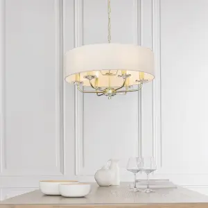 Anson Lighting Eureka 6lt Pendant light finished in Brass plate and vintage white fabric