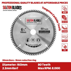 Saxton TCT160MXD TCT Circular Blade 160mm x 36, 48, 60 & 80 Teeth x 20mm Bore & 16mm Ring Pack of 4