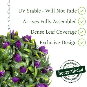 Best Artificial 24cm Purple Lush Tulip Hanging Basket Flower Topiary Ball - Suitable for Outdoor Use - Weather & Fade Resistant