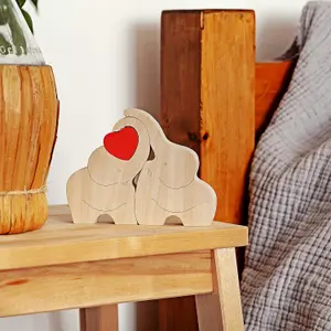 Loving Wooden Elephant Couple Figurine with Red Heart - Heartfelt Ornament Decor Gift with a Message of Love