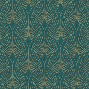 A.S Creation Art Deco Fan Teal Metallic Gold Wallpaper Textured Vinyl