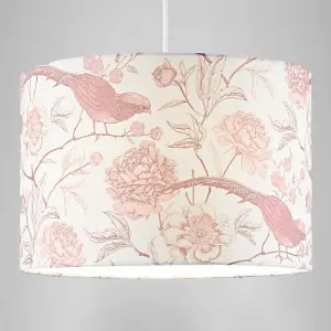 Traditional Cotton Lamp Shade with Pink Long Tailed Birds and Floral Decor