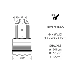 Master Lock Excell Heavy duty Laminated Steel Long shackle Padlock (W)45mm