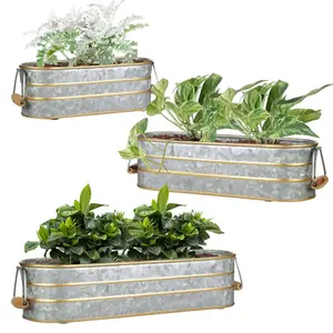 Set of 3 Galvanised Zinc & Gold Embossed Outdoor Garden Planter Pots