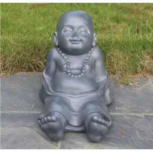 Buddha Statue Indoor and Outdoor, Grey Stone Effect Feng Shui Ornament, Resting Buddha Baby Monk Figurine L31 W22.5 H26 cm