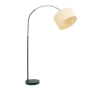 ValueLights Louis Black Arched Curved Floor Lamp with Ochre Woven Drum Lamp Shade and LED Bulb