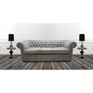 Chesterfield 3 Seater Sofa Kimora Grey With Blue Piping Fabric In Classic Style