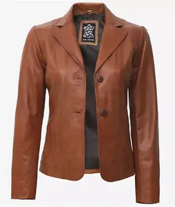 Womens Two Button Brown Leather Blazer - Casual Leather Jacket Blazer In UK