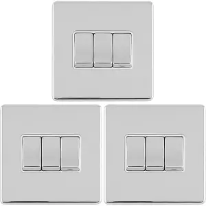 3 PACK 3 Gang Triple Light Switch SCREWLESS POLISHED CHROME 2 Way 10A Rocker