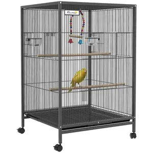 PawHut Bird Cage with Rolling Stand for Small Birds - Grey