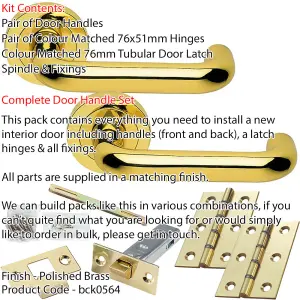 Door Handle & Latch Pack - Polished Brass - Curved Round Bar Lever On Round Rose