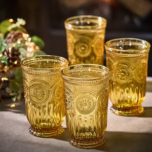 Set of 4 Luxury Embossed Yellow Tall Drinking Glass Tumblers 330ml