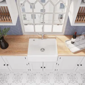 595mm - 1 Bowl Fireclay Butler Kitchen Sink - Tap Ledge, Overflow, Classic Tap & Waste