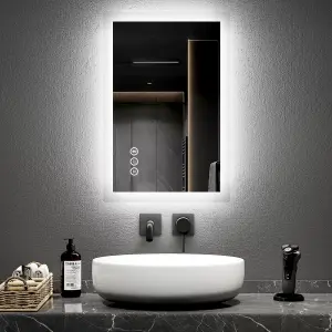 EMKE Bluetooth Bathroom Mirror with Shaver Socket, 400x600mm Blue Atmosphere Light Mirror with 2 Color, Dimmable, Demister