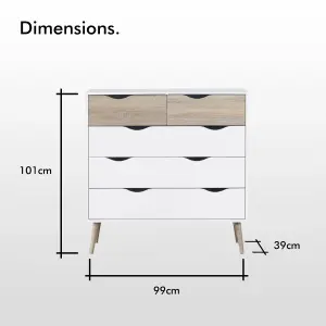 VonHaus Chest Of Drawers, 5 Drawer Dresser, White & Oak Wood Effect Storage Cabinet for Bedroom w/Tapered Legs & Cut Out Handles