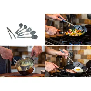 Premium 6Pc Silicone Kitchen Utensil Set For Cooking. Sleek Grey And Brushed Stainless Steel. Includes; Tongs, Serving Spoon, Slotted Spoon & Turner, Ladle, Potato Masher