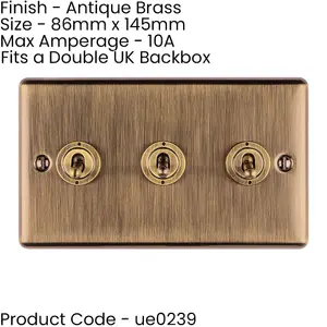 3 Gang Triple Retro Toggle Light Switch ANTIQUE BRASS 10A 2 Way Lever Plate