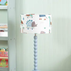 Powder Blue Bobbin Stem Table Lamp with Cartoon Dino Drum Shade for Living Room Bedroom - LED Bulb Included