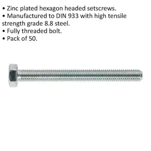 50 Pack M5 x 50mm Zinc Setscrews - Grade 8.8 Fully Threaded DIN 933