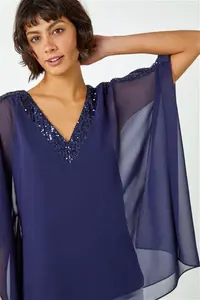 Roman Sequin Embellished Trim Overlay Top In Navy Female 10 0211