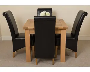 Richmond 90cm - 150cm Square Oak Extending Dining Table and 4 Chairs Dining Set with Montana Black Leather Chairs