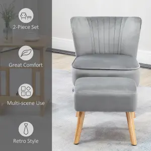 HOMCOM Velvet-Feel Accent Chair w/ Ottoman Tub Seat Padding Wood Legs Light Grey