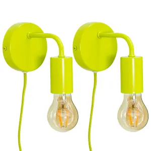 ValueLights Jordy Pair of - Plug in Colour Pop Lime Green Easy Fit Wall Lights - Bulbs included