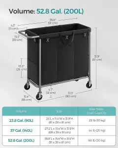 SONGMICS Rolling Laundry Hamper, Triple-Compartment Clothes Basket, Spacious, Liner Removal, Ink Black