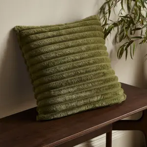 Catherine Lansfield Cosy Ribbed Faux Fur Soft Touch 45x45cm Cushion Olive Green