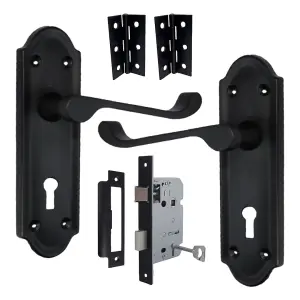 Ashford Door Handle Key Lock Scroll Lever - Matt Black Key Lock Hinge Pack