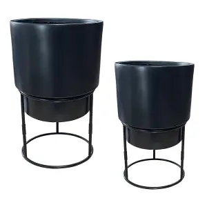 Set of two IDEALIST™ Black Reinforced Stone Flower Pots, Round Indoor Planters on Detachable Metal Stands: D20 H35 cm + D26 H50 cm