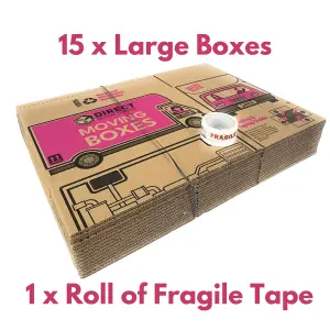 15 Strong Large Cardboard Storage Packing Moving House Boxes with Fragile Tape 52cm x 30cm x 30cm 47 Litres Carry Handles and Room