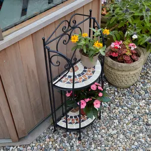 Home Source Sunflower Mosaic 2 Tier Garden Planter Metal Stand Black