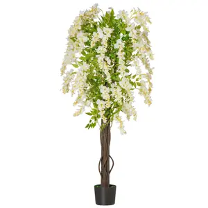 HOMCOM Artificial Realistic White Wisteria Tree Faux Plant for Indoor Décor