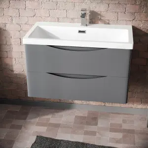 Nes Home Modern 800mm Steel Grey Wall Hung  Basin Sink Vanity Unit