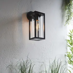 Non Automatic Outdoor Wall Light - Textured Black & Clear Glass Diffuser