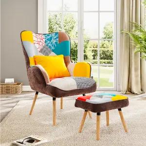 Multicoloured Upholstered Wingback Armchair with Footrest and Lumbar Pillow