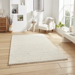 Cream White Geometric 30mm Thick Shaggy Rug, Stain-Resistant Modern Rug for Bedroom, Living, Dining Room-160cm X 230cm