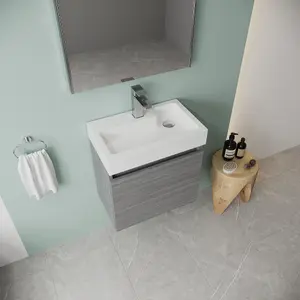 Wall Hung Vanity Basin Unit & Slimline Polymarble Basin - 500mm - Woodgrain Anthracite