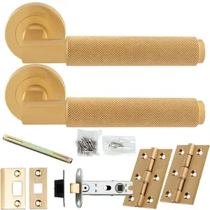 Door Handle & Latch Pack - Satin Brass - Square Knurled Bar Lever On Round Rose